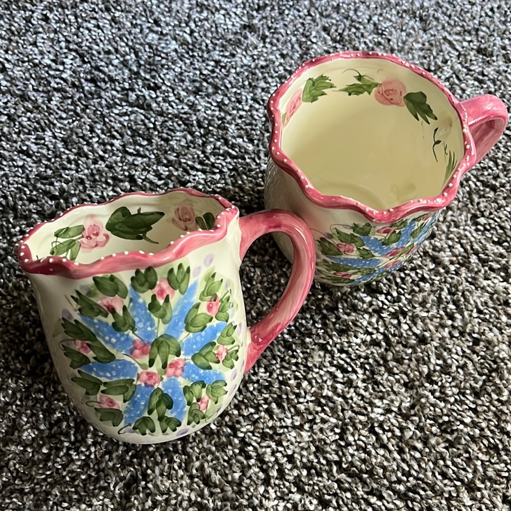 Beautiful hand painted pair of ceramic mugs, tea party spring flowers